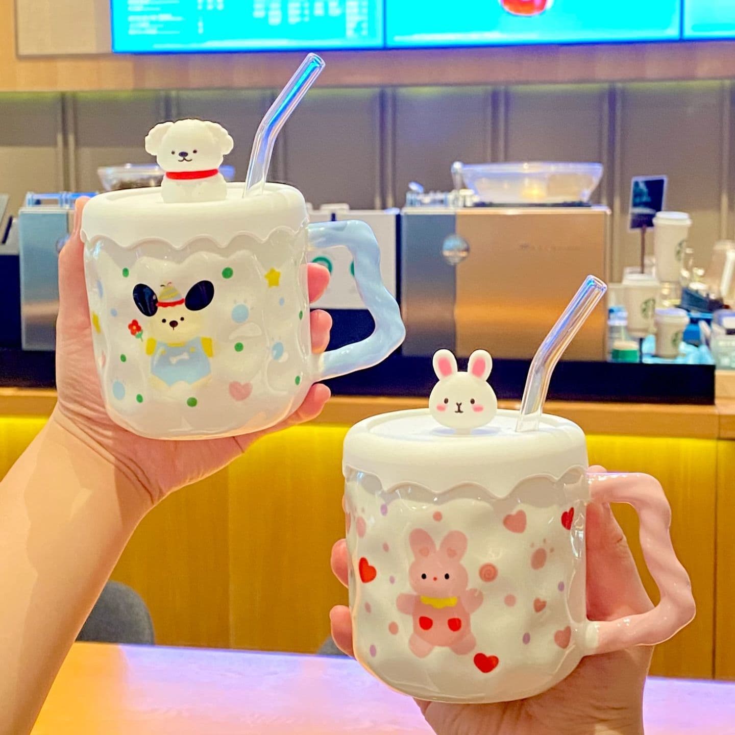 Cartoon cup, straw cup, ins style mug with lid, home gift for girls birthday couple cup gift, ceramic cup gift box