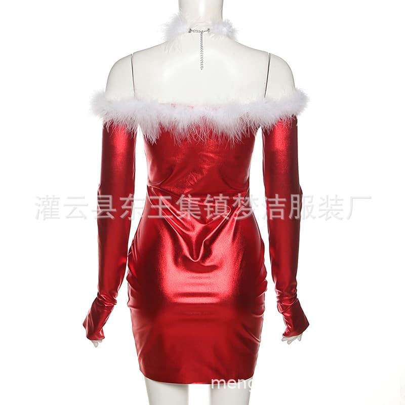 Cross-border Foreign Trade Lingerie Wholesale Red Sexy One-shoulder Long Sleeve Furry Bodycon Dress Women 1010