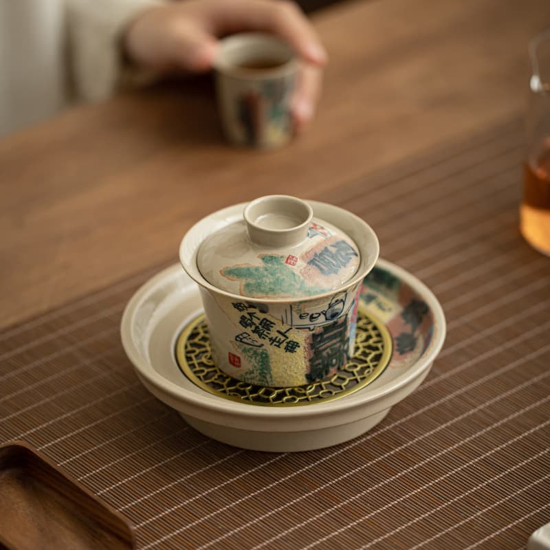 Jin Hui Dui Hand-painted Sancai Lidded Bowl Ceramic Tea Cup with Lid, Single High-end Heat-resistant Kung Fu Tea Set for Home Use