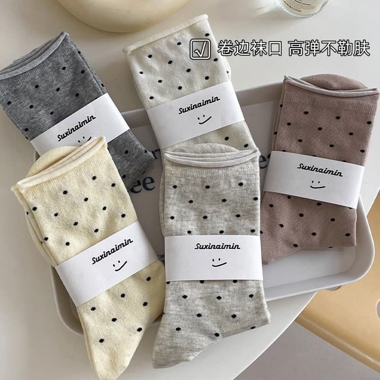 Rolled-Edge Socks for Women, Mid-Calf Cotton Socks, Spring/Summer Style, Japanese Polka Dot Socks, Internet-Famous Cream Color, Literary Postpartum Socks