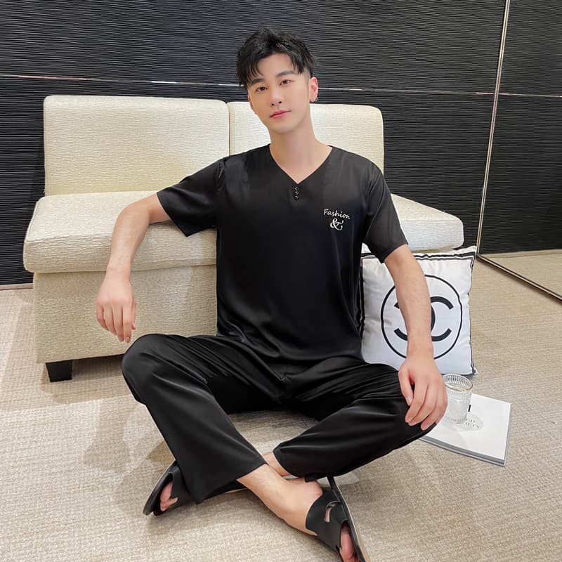 2023 New Men's Ice Silk Pajamas Breathable Thin Homewear Short Sleeve Long Pants Wearable Outside Drop Shipping