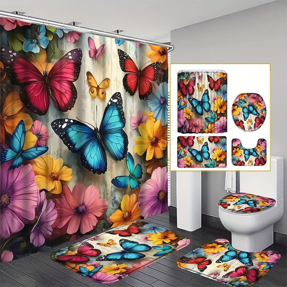 Cross-border Amazon Bathroom 4-Piece Set Waterproof Anti-Mold Temu Drop Shipping Spring Spun Polyester Shower Curtain 3D Digital Print Shower Curtain