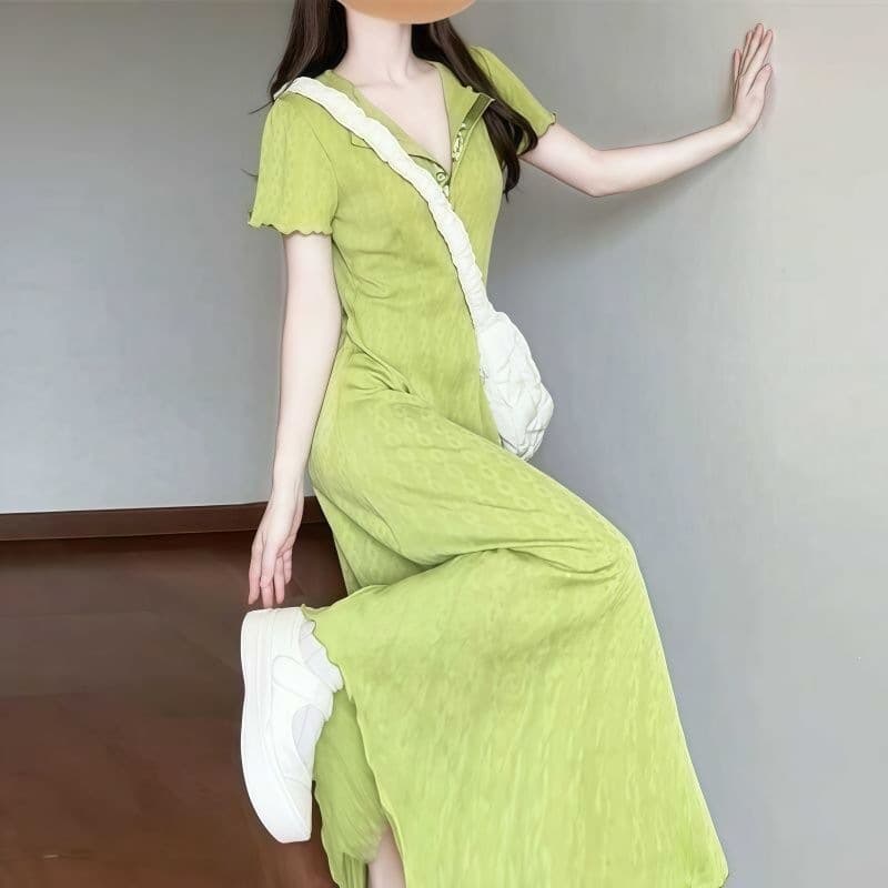 Large size tea break French V-neck green dress for women, high-end waist slimming long dress