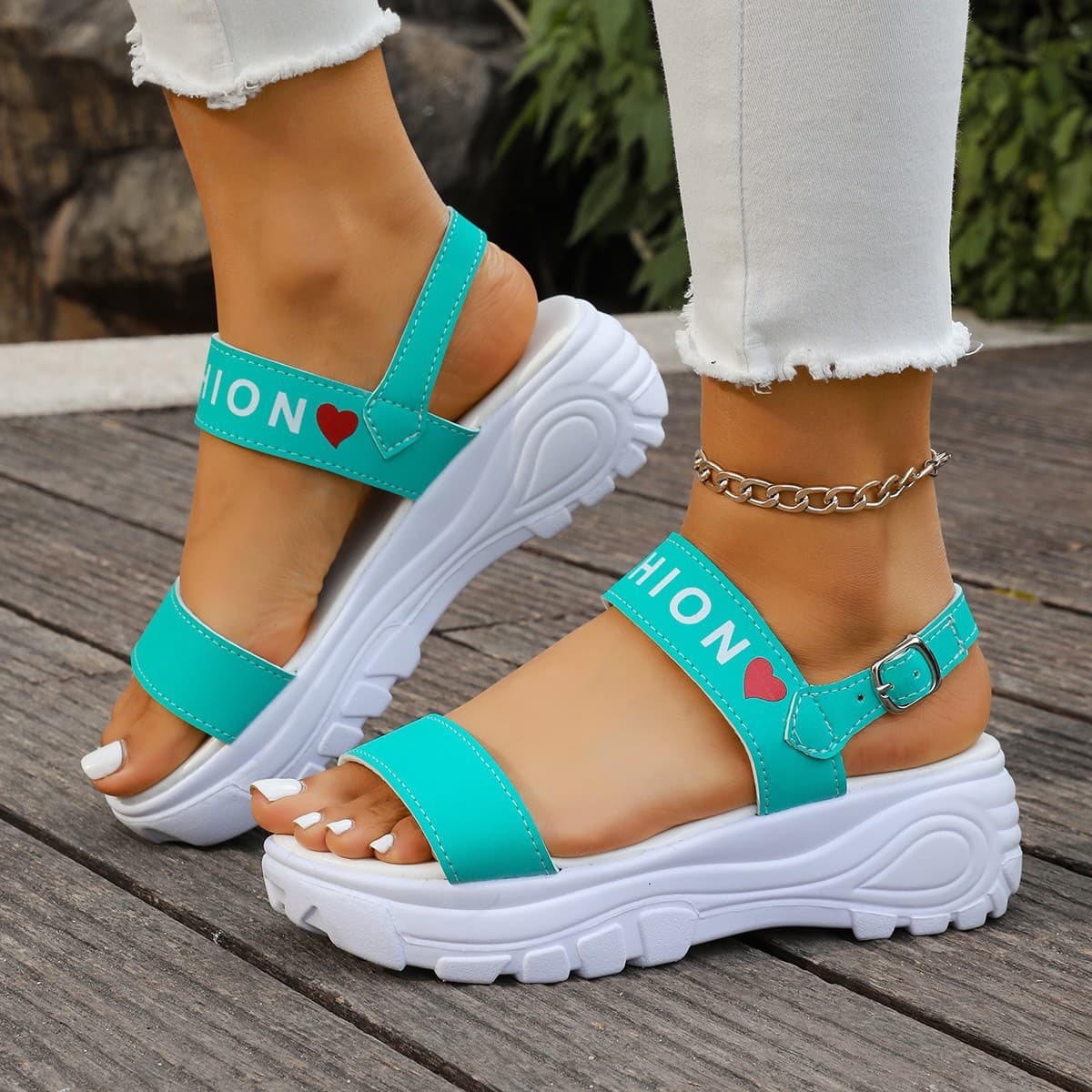 New Summer Plus Size Women's Sandals with Letter Wide Strap, Sweet Style Thick Platform Wedge Heels