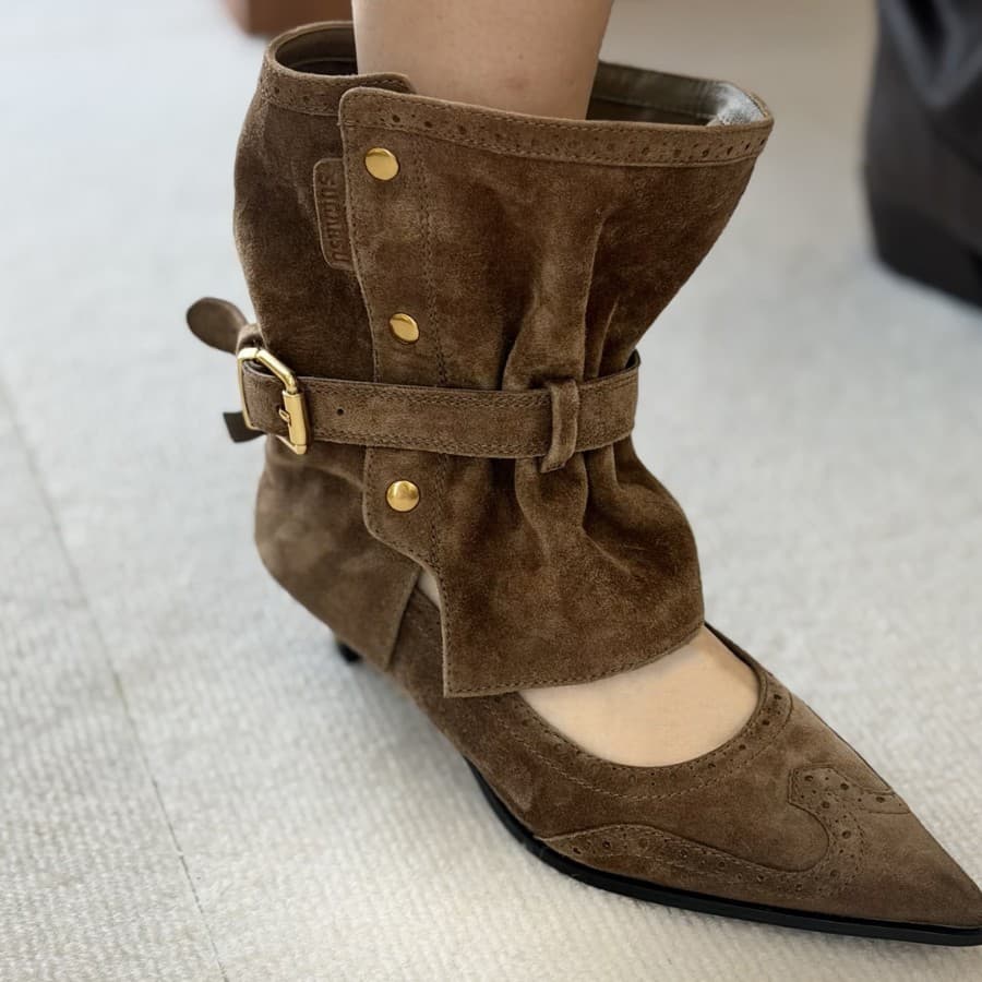 Internet celebrity same style suede short boots western cowboy boots 2026 autumn and winter new two-wear pointed toe stiletto boots pile boots