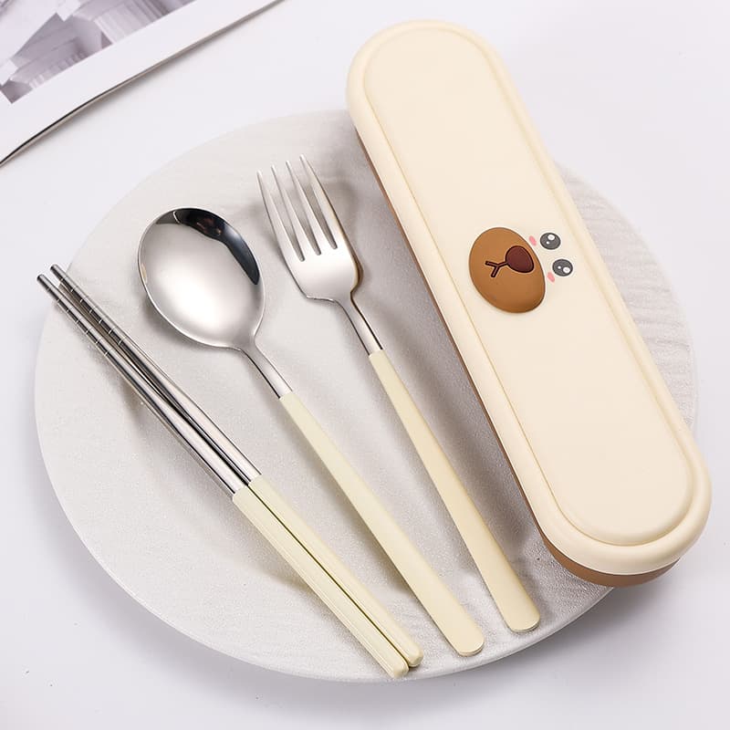 304 Stainless Steel Chopsticks Fork Spoon Set with Cartoon Portable Storage Box, Three-Piece Tableware for Students Outdoor Use