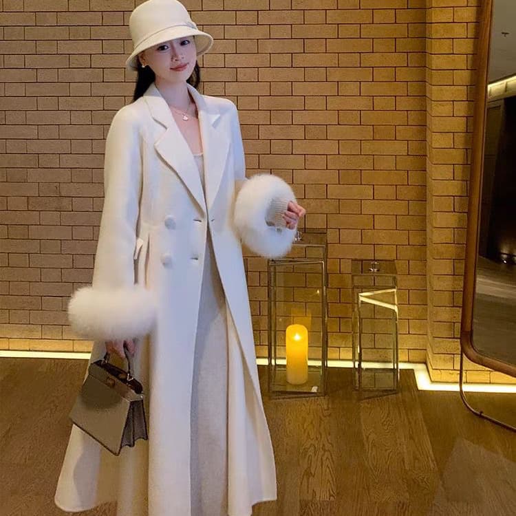 Hepburn-style White Wool Coat for Women 2024 Autumn/Winter Elegant Rich Girl Mid-Length Waist-Tightened Woolen Overcoat