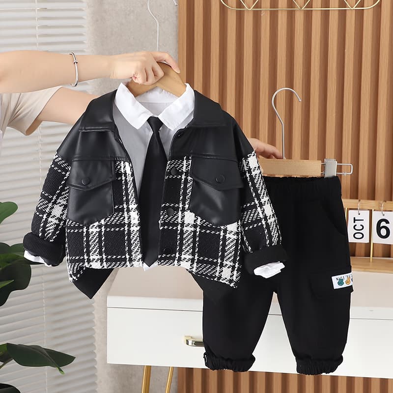 Cute Spring Autumn Plaid Round Neck Sweatshirt Set for Kids Baby Boy Girl Three Piece Set Korean Style Soft Cotton Outfit