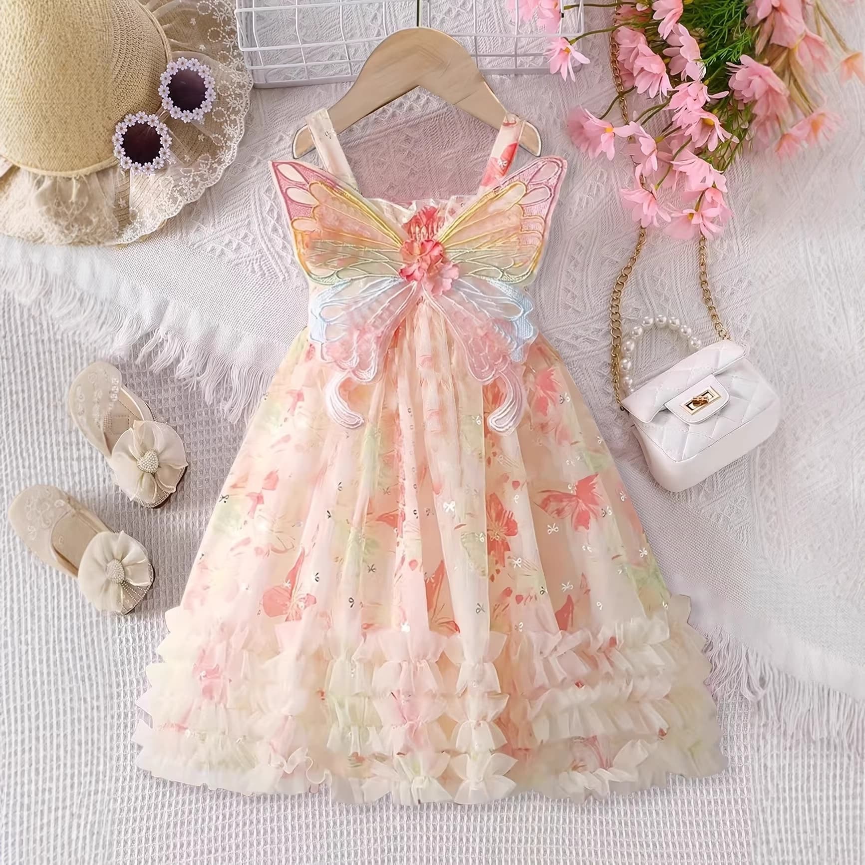 Girls Summer Suspender Floral Dress Children's Fashionable Princess Dress Little Girl Butterfly Fairy Birthday Dress