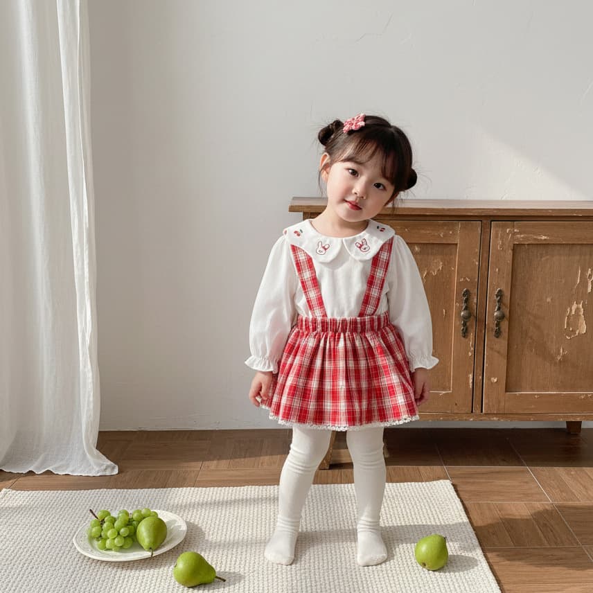 Spring and Autumn New 2026 Girls Cartoon Rabbit Top Plaid Suspender Suit Baby Korean Version Princess Full Moon Suit