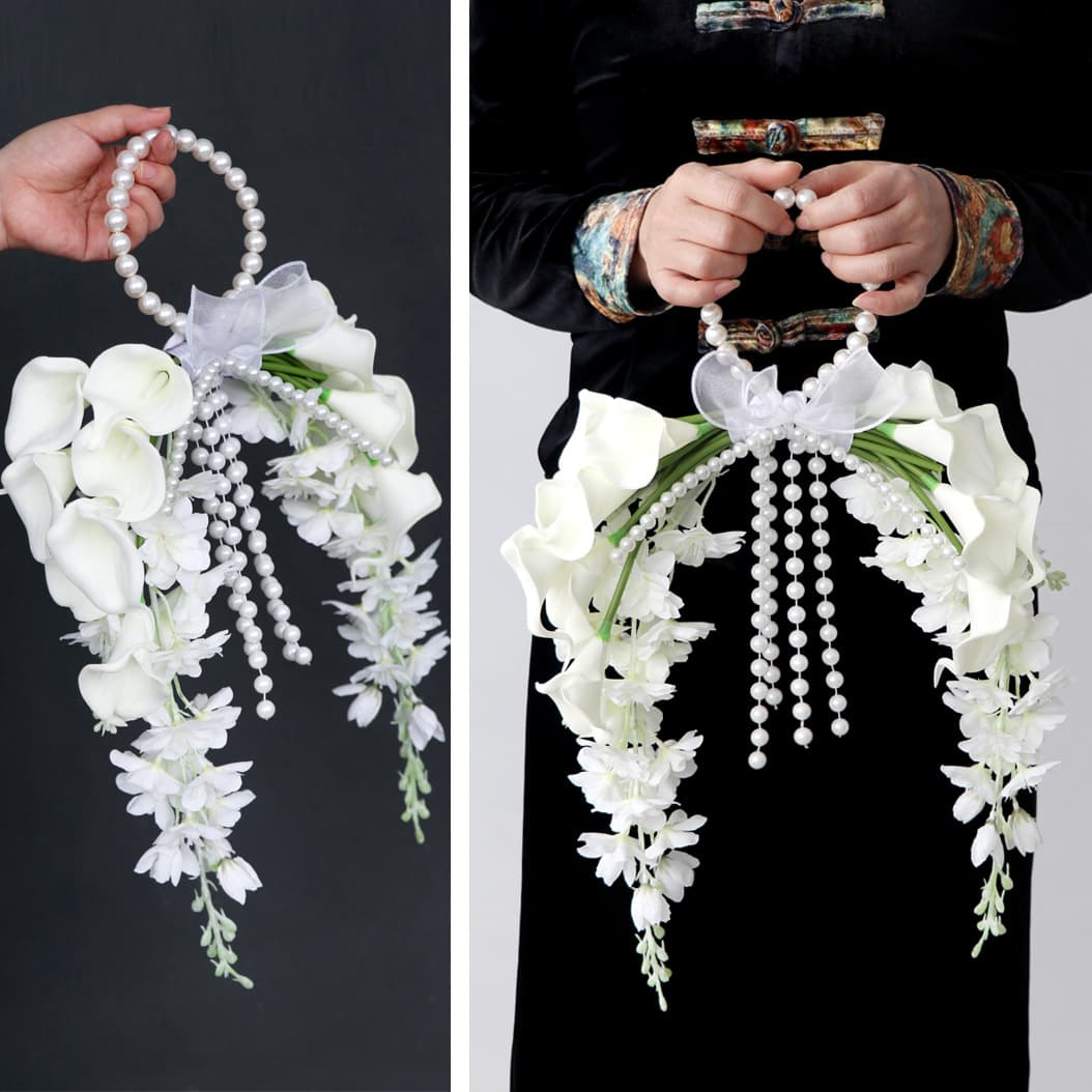 Artificial Pearl Calla Lily Bridal Bouquet Handheld Wedding Bouquet for Bride Wedding Photography Handbag Flower Wedding Floral Arrangement