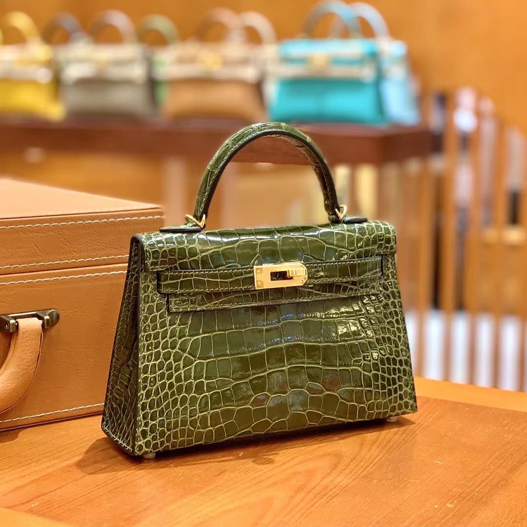 Hand-Stitched Second Generation Kelly Bag Original High-Gloss American Crocodile Leather Mini Handbag Shoulder Crossbody Bag