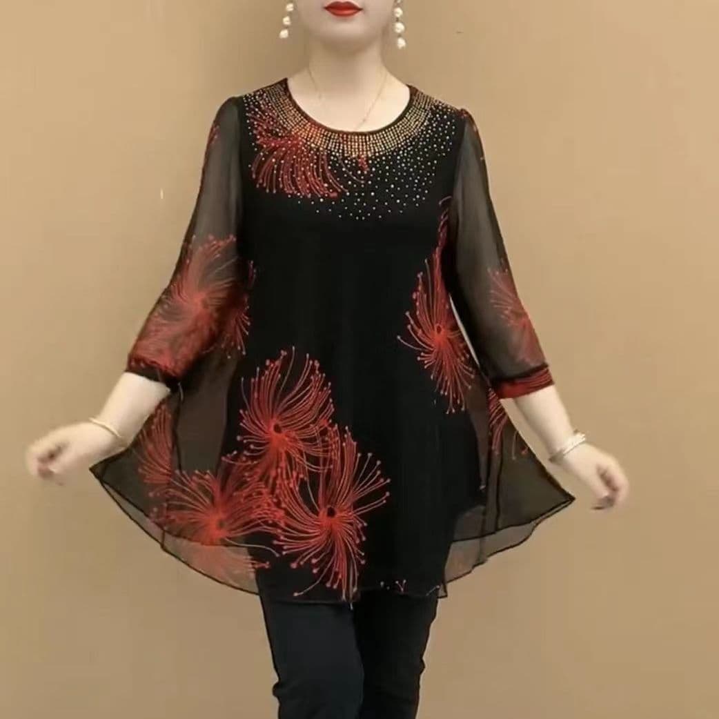 Plus-size loose-fitting summer top for mothers, made of high-elastic mesh with print, suitable for women weighing up to 200 pounds or over 50 years old, with a flattering and slimming mid-length design.