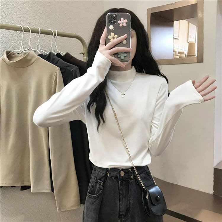 2024 Autumn/Winter New Style Velvet Semi-High Neck White Base Layer Fleece-Lined Thickened Long-Sleeve T-Shirt Women's Top