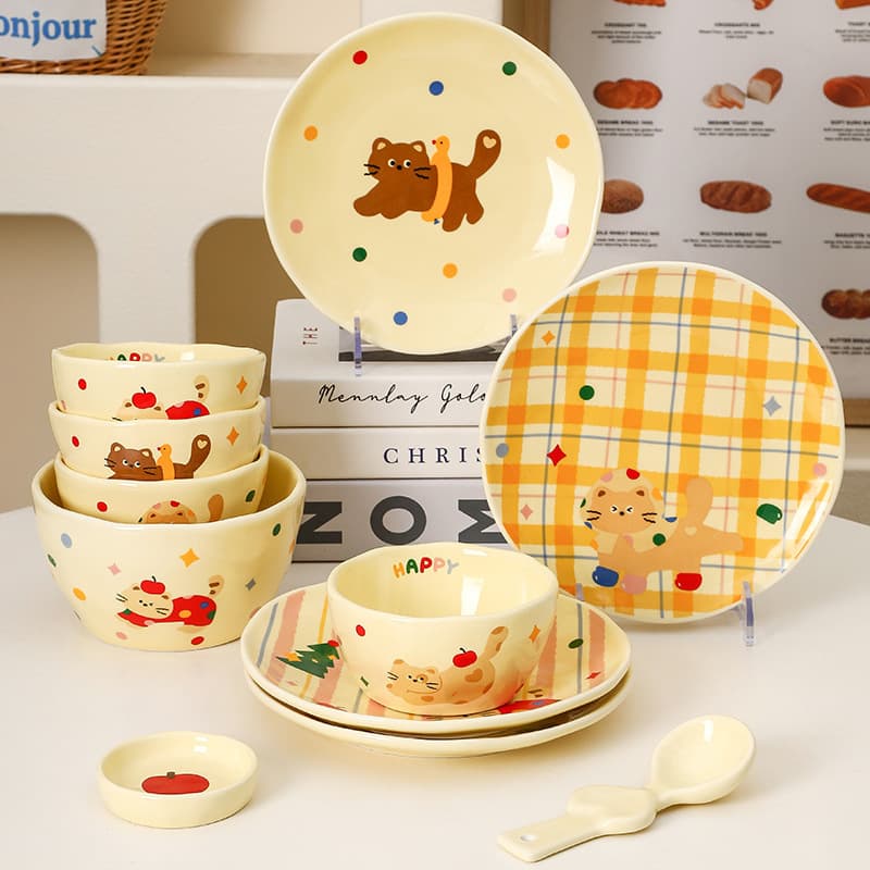 Naughty Cat Bowl & Plate Set, Home Flat Plate Bowl Set, Housewarming Gift, Creative High-End Tableware Set