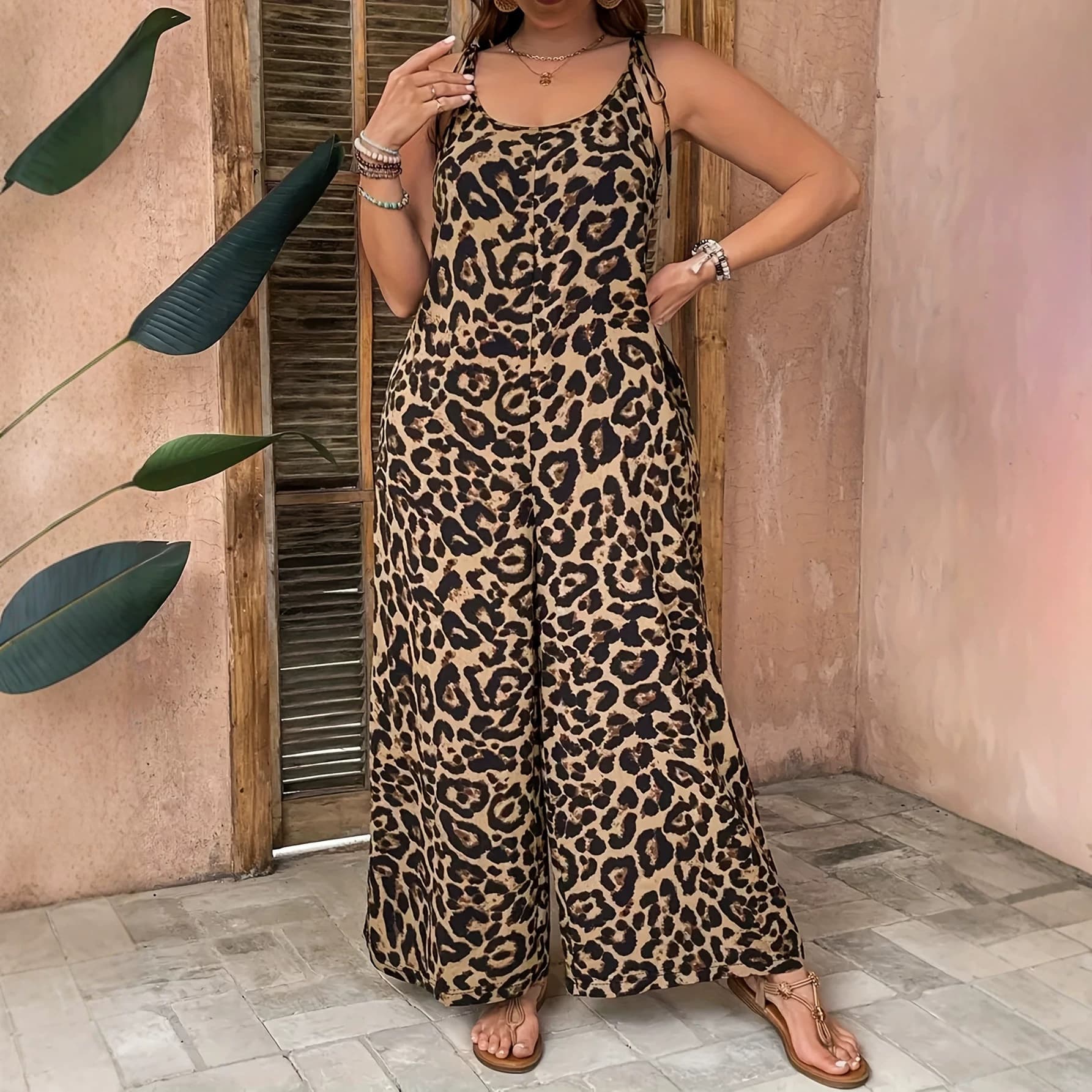 Leopard print jumpsuit trousers new plus size women's summer temperament elegant sexy printed sleeveless straps European and American cross-border