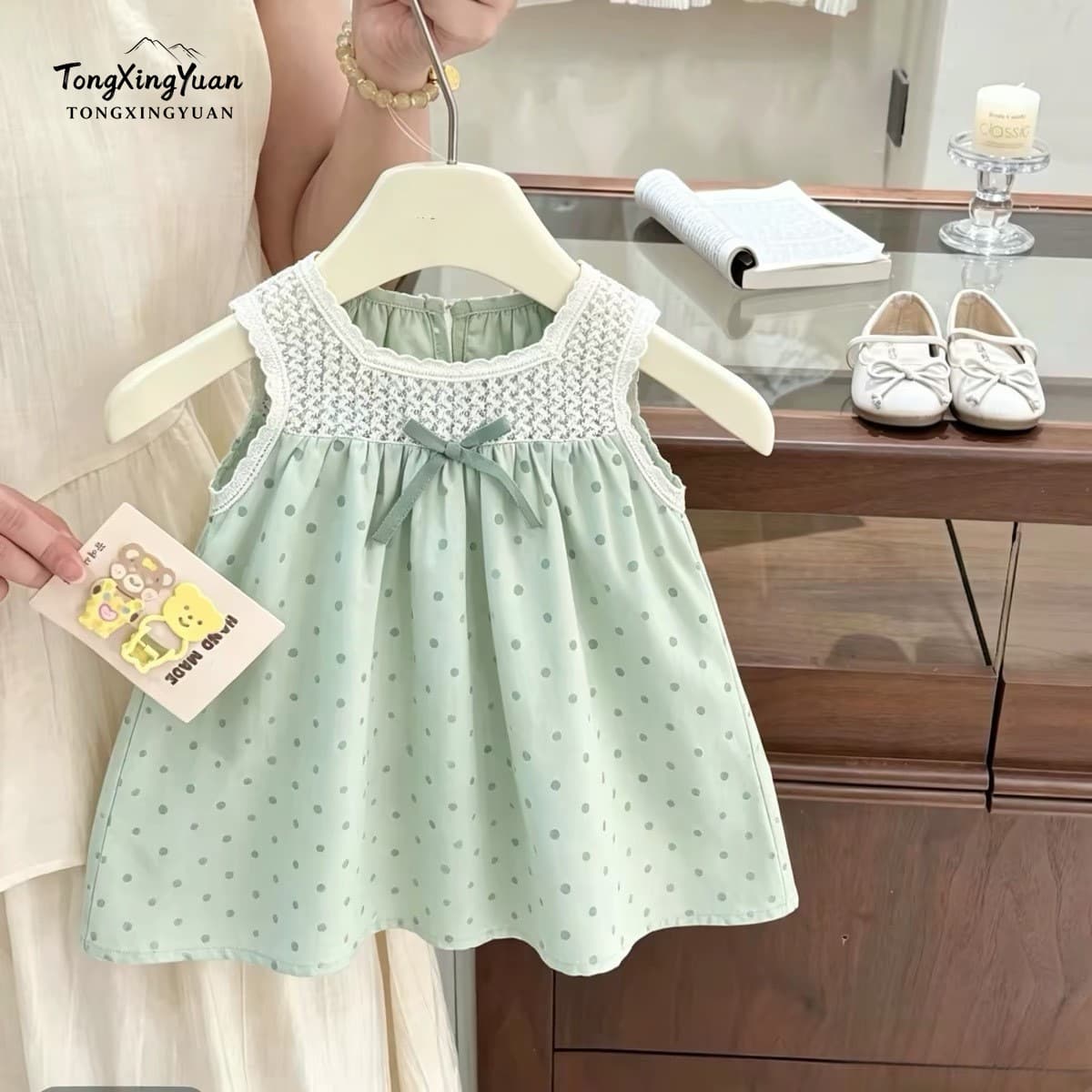 【Small freshness】Melon milk puff! Girls' resort style super nice hollow polka dot sundress for baby girls trendy