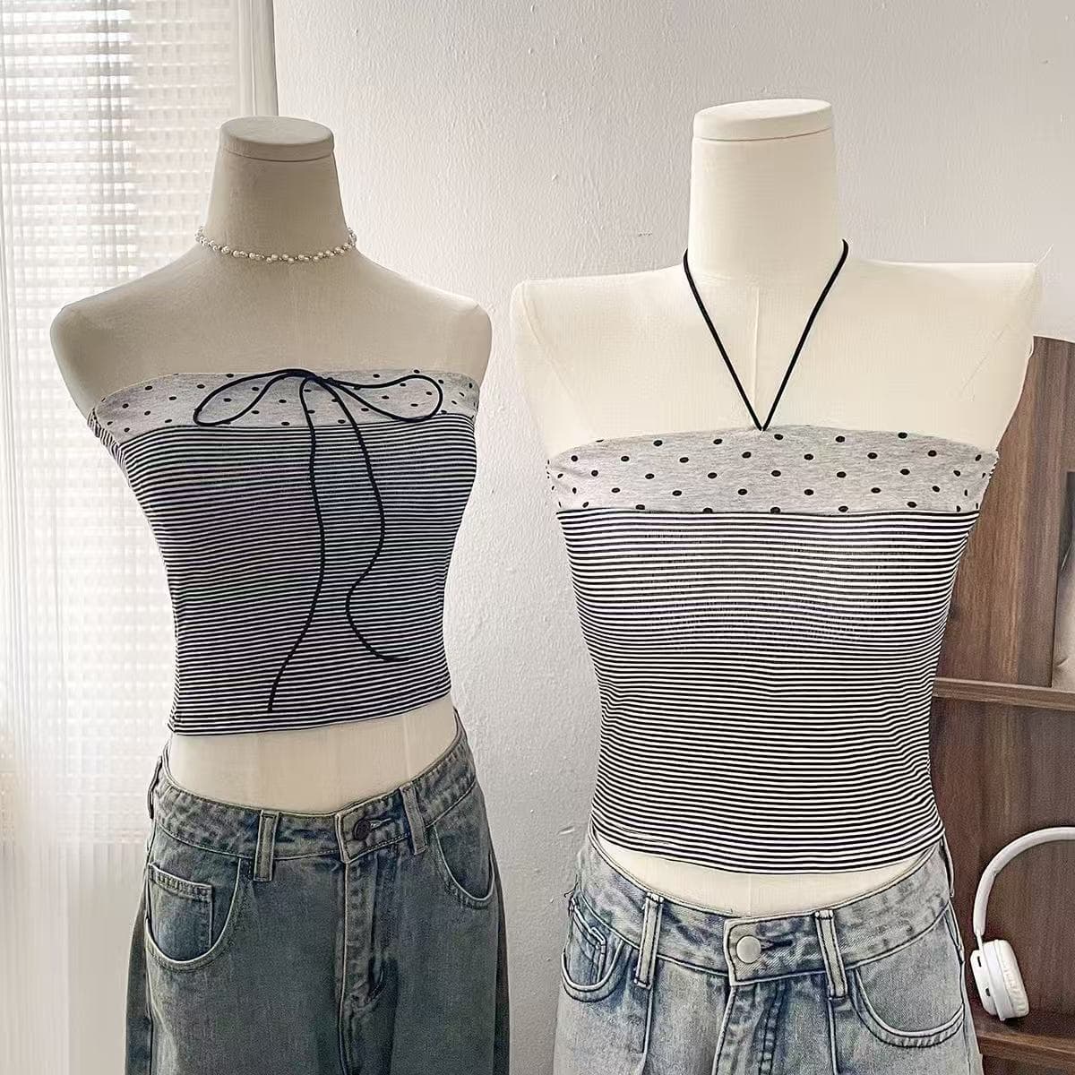 2026 Spring/Summer New Korean Style Contrast Stripe Tube Top with Polka Dot Patch, Lace-up, Slim Fit, Halter Vest