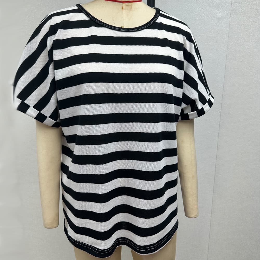 Cross-border Plus Size Women's T-Shirt Fat MM Casual Striped Top Loose Casual Fashionable Age-Reducing Plus Size Women's Clothing