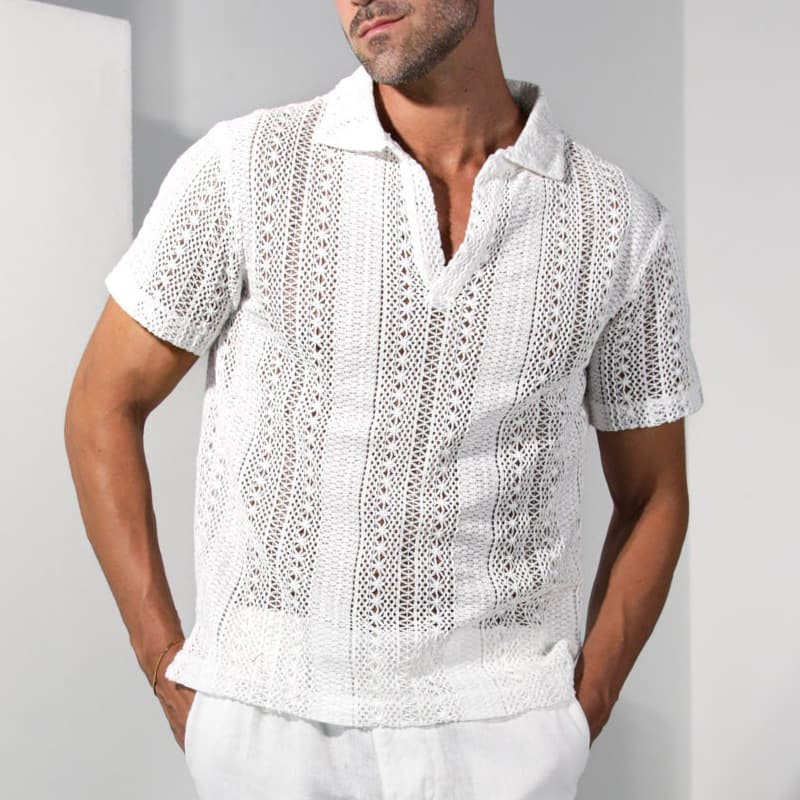 Amazon Best-Selling European and American Sheer White Shirt Casual Slim Fit Fashion Short Sleeve Sexy Shirt Men Lace Blouse