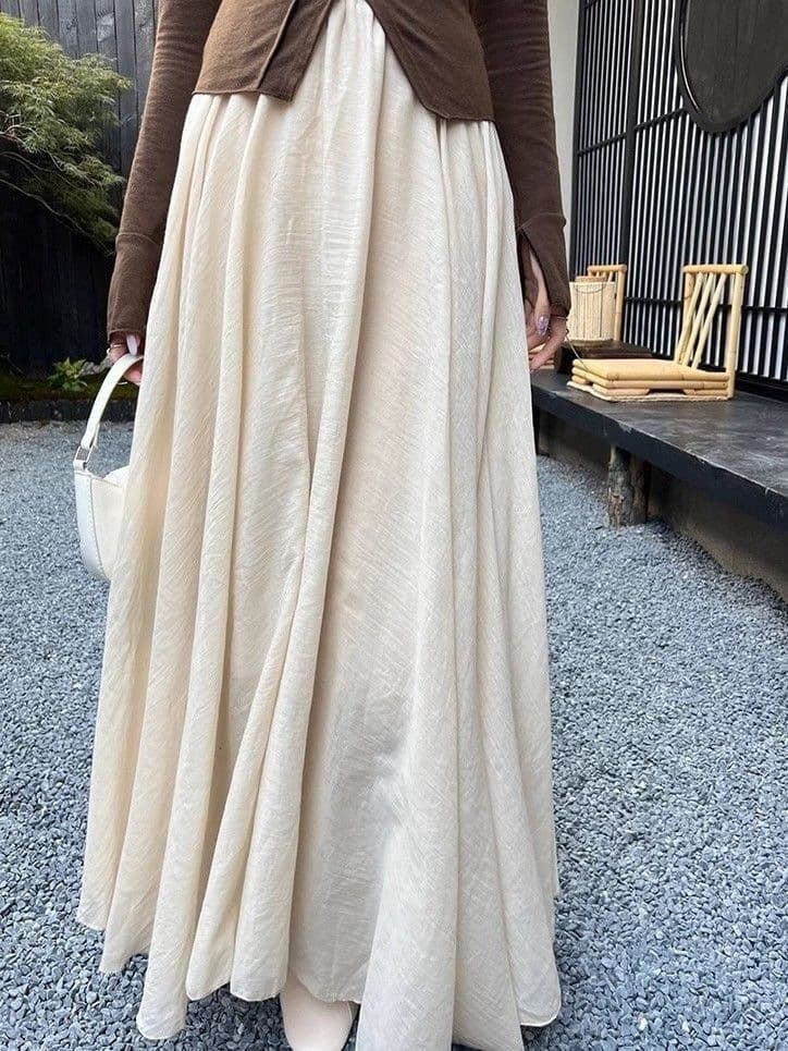 New Chinese Zen Style Vintage Irregular Cotton Linen High-Waist A-Line Slimming Skirt for Women, Apricot Color, Large Hem Long Skirt