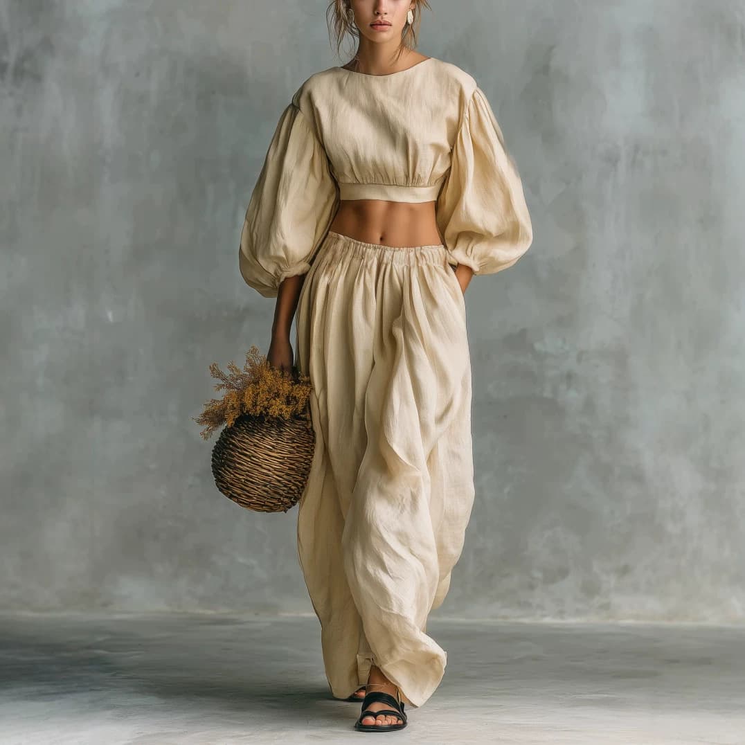 2026 EU-US Cross-Border Amazon Independent Store Round Neck Bubble Sleeve Pocket Trousers Casual Fashion Women's Set