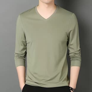 2024 Long Sleeve T-Shirt for Men Spring/Autumn Thin Fit Slim Casual Fall Base Layer V-Neck Pullover Inner Top