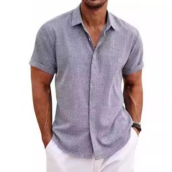 2024 Men's Linen Shirt Short-Sleeved Casual Button-Down Shirt Men's Beach Summer