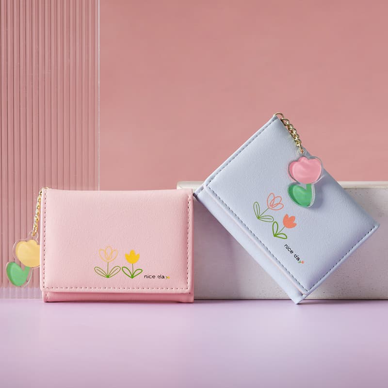 Simple cute cartoon student folding pu wallet tulip new ins Korean version 30% off short women's wallet