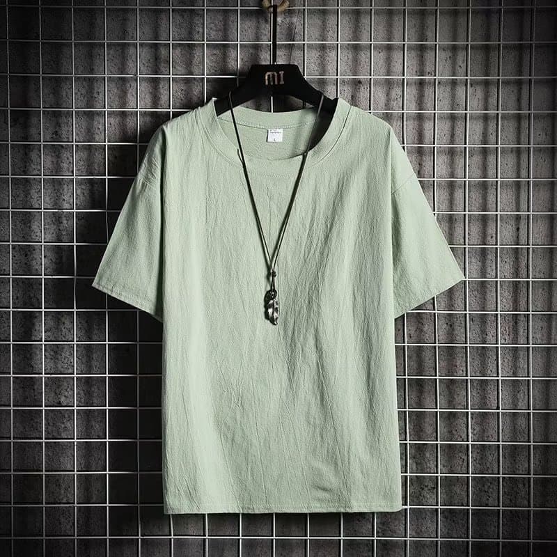Trendy Brand Men's Half Sleeve Cotton Linen T-Shirt Loose Fit Summer Style Crew Neck Solid Color Tops From China