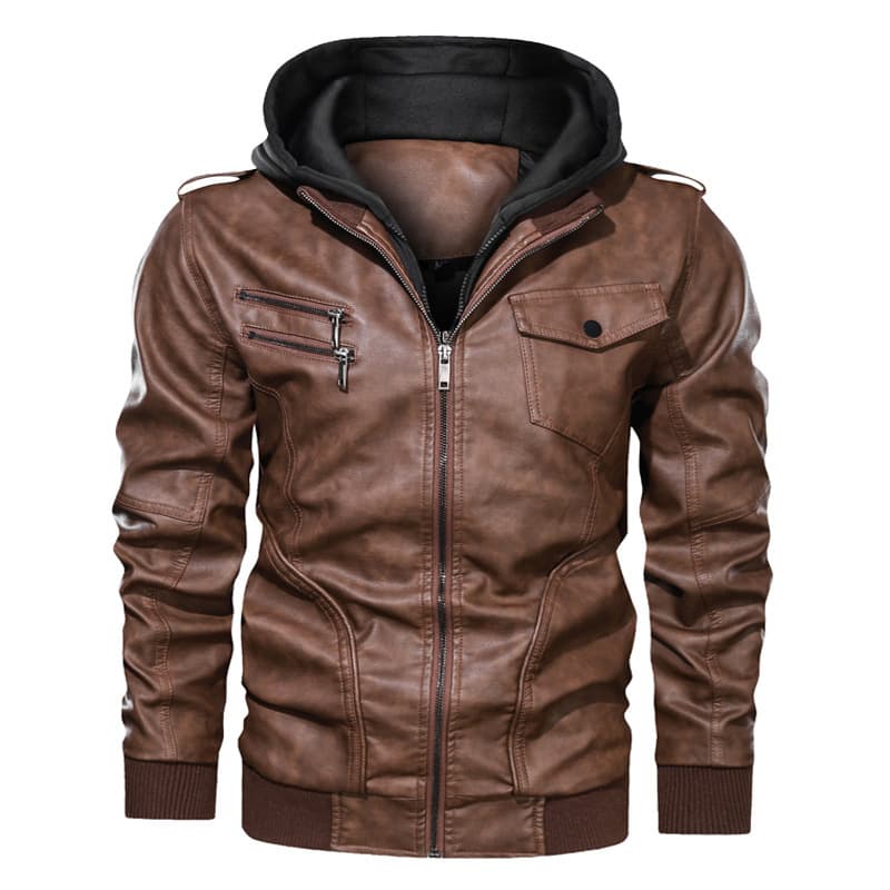 Amazon Winter Men's Detachable Hood PU Leather Jacket, Plus Size Casual Motorcycle Leather Coat