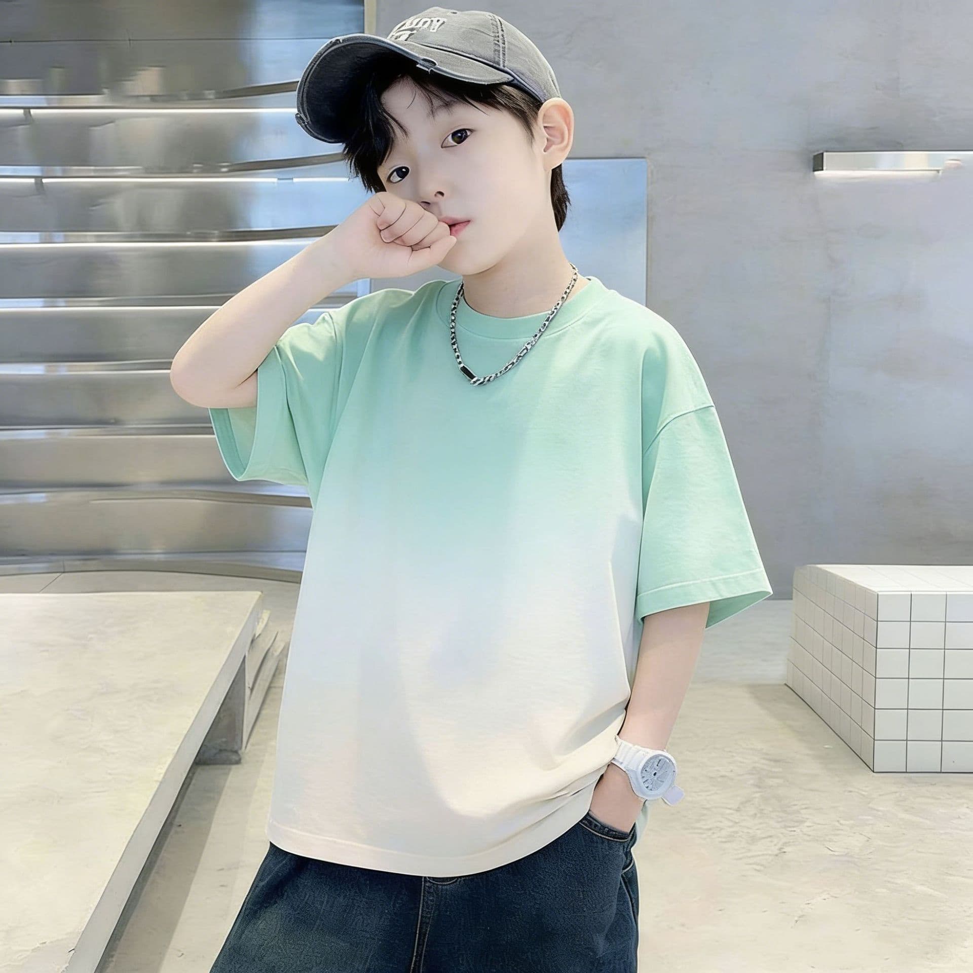 Summer dopamine children's short-sleeved t-shirt tops boys summer solid color round neck short-sleeved baby class uniform basic trendy t