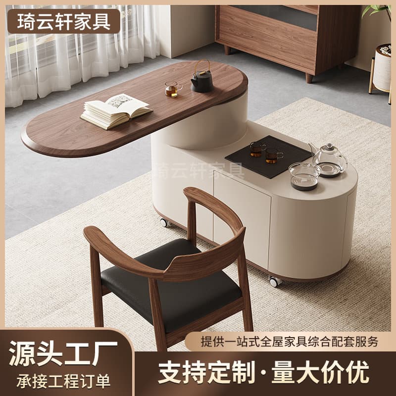 Home balcony exquisite tea table, small tea cart, solid wood rock slab mobile tea table and chair combination, floor cabinet, coffee table
