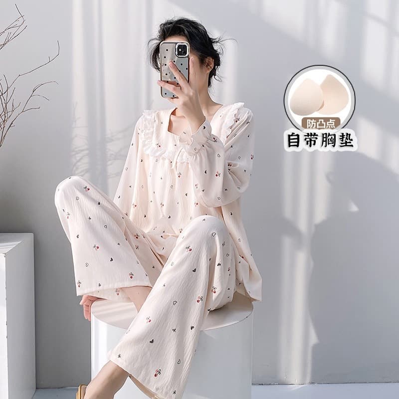 Four-Line Grid Pajamas Women Spring Autumn Thin Loose Cartoon Long Sleeve Long Pants Set, Summer with Bra Pad Homewear