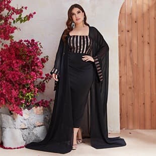Hot Selling Plus Size Dress New Cape Sequin Patch Chiffon Long Dress-FSSW3061