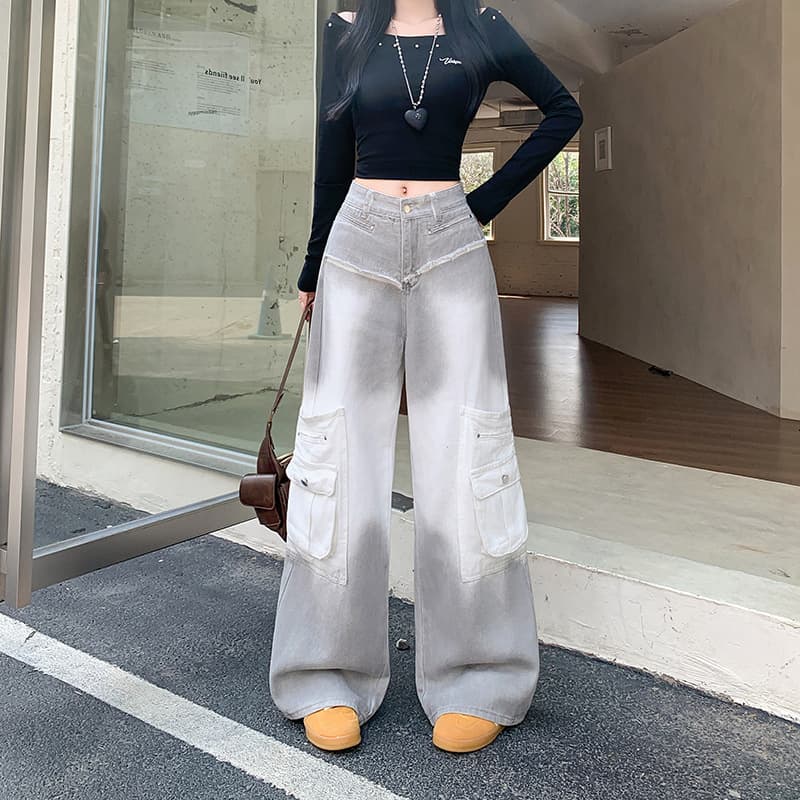 Real Shot Real Price ~ Workwear Jeans Women Autumn New Loose Slimming Gradient Design Distressed Hem Wide Leg Pants Trendy