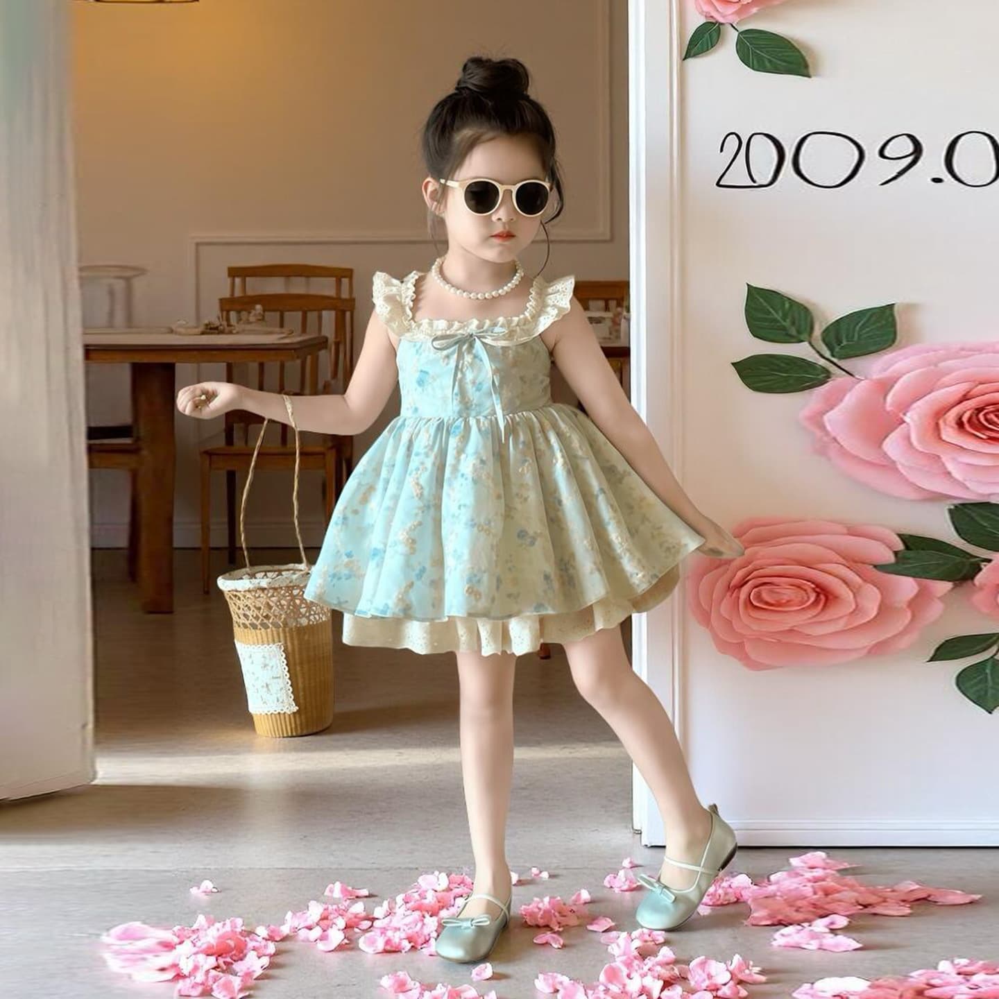 【In Stock Fast Shipping】Girls Floral Small Flutter Sleeve Dress Summer New Sweet Princess Dress Korean Style
