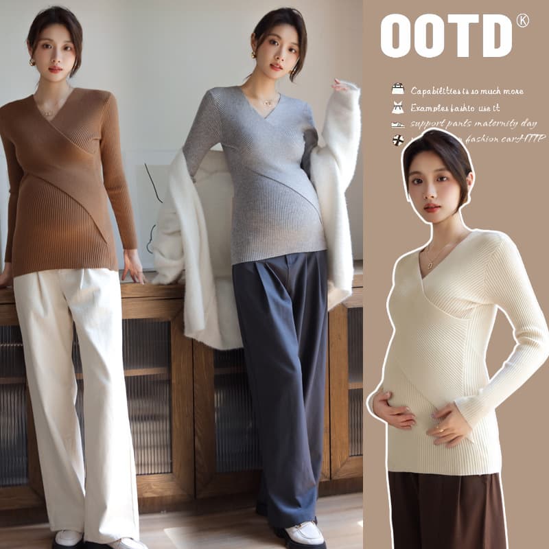 Maternity base layer top, autumn/winter 2025 new style, knitted inner layer, skin base layer, gray cross neck long sleeve sweater, breastfeeding