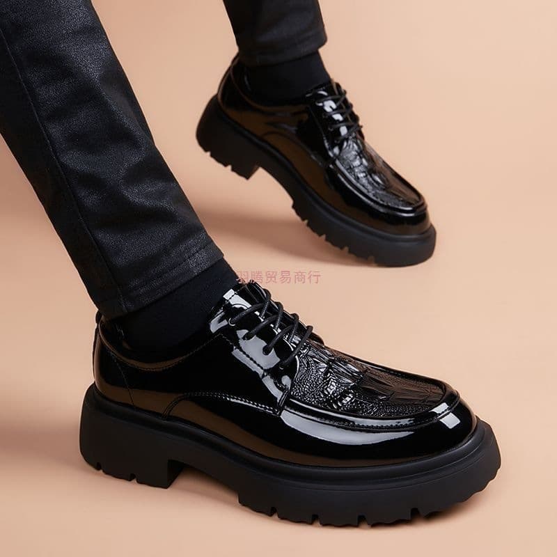Black Korean style breathable thick-soled height-increasing leather shoes for young men, British style business formal men's leather shoes, hairstylist