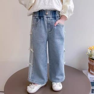 Girls Bow Jeans Spring Autumn New Fashion Kids Korean Baby Girl Straight Leg Fashion Straight Pants Ins