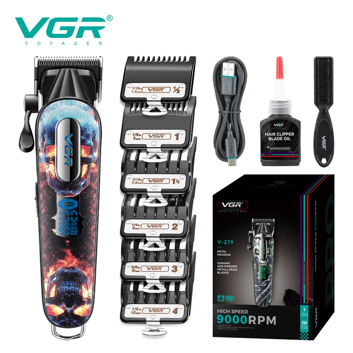 VGR279 cross-border new electric hair clipper oil head professional high speed 9000RPM digital display high power clipper