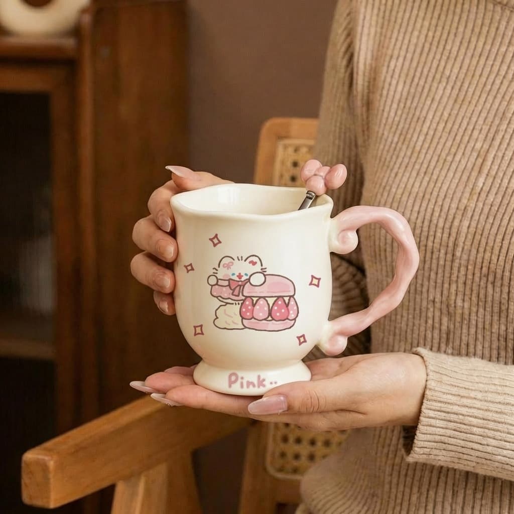 Ins-Style High-Aesthetic Birthday Gift for Women, Souvenir, Cartoon High-Foot Ceramic Mug Gift Box Set