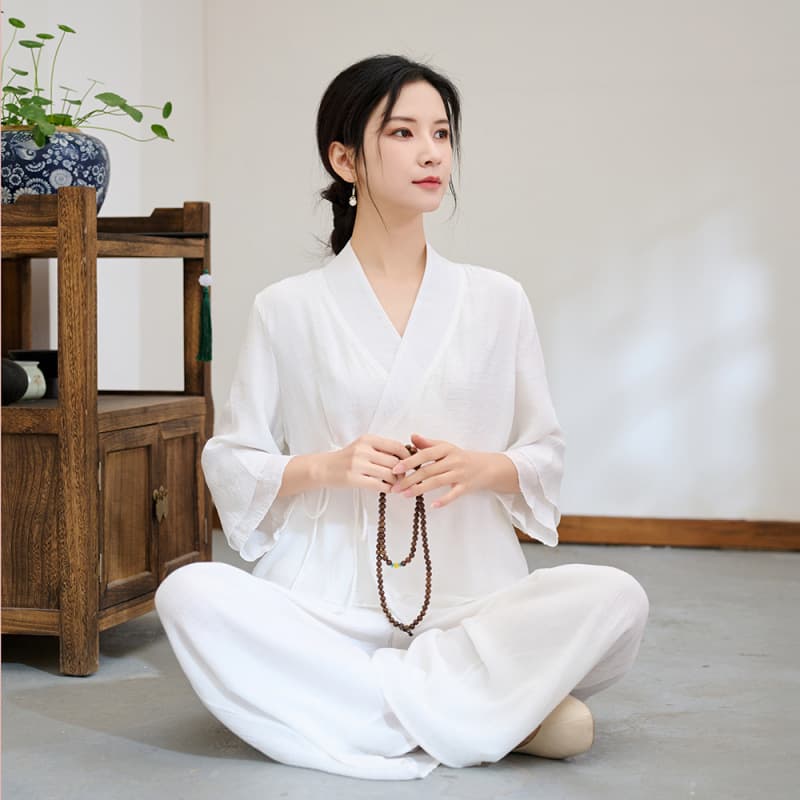 2025 Summer New Retro Ethnic Style Cotton-Linen Zen-Inspired Meditation Practice Wear Solid Color Literary Yoga Wear Two-Piece Set