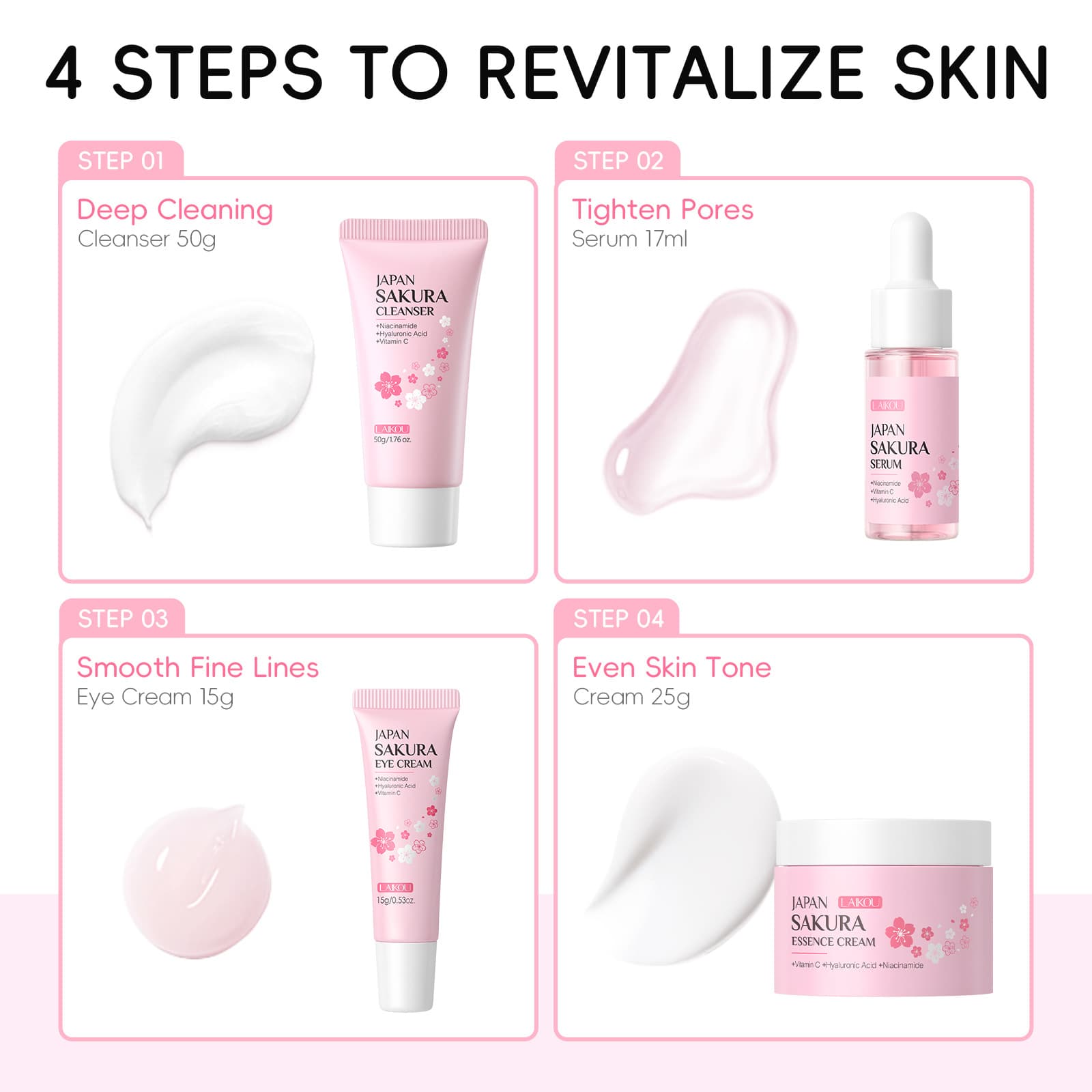 Cross-border Laikou Japanese Sakura Skincare Set 4-Piece: Cleanser, Essence, Eye Cream, Face Cream - Factory Wholesale