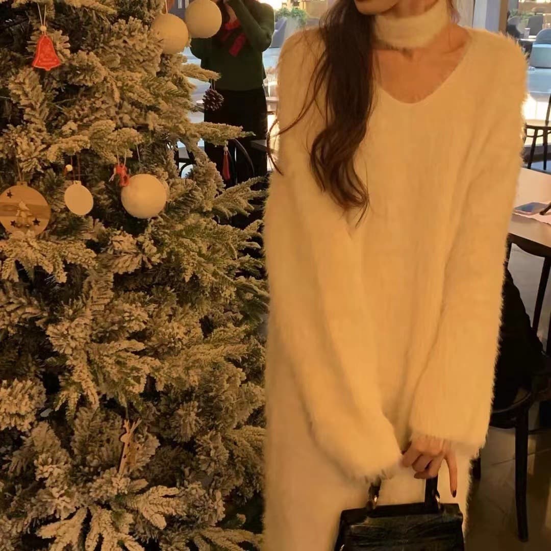 Knitted Sweater for Women 2024 Autumn and Winter New Korean Style Furry Scarf White Sweater Dress Knitted Long Dress for Women