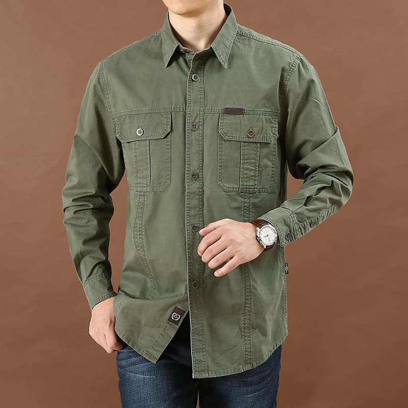 Men's Casual Loose Long-Sleeved Shirt New Large Size Solid Color Young and Middle-Aged Shirt Autumn Work Pocket Style