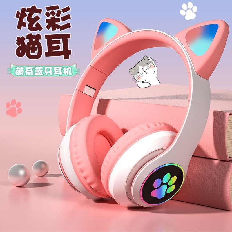 Glowing Cat Ear Headset STN-28 Wireless Bluetooth Gaming Headphones Cute Overhead Style for Girls Music Support with 10 Meter Range