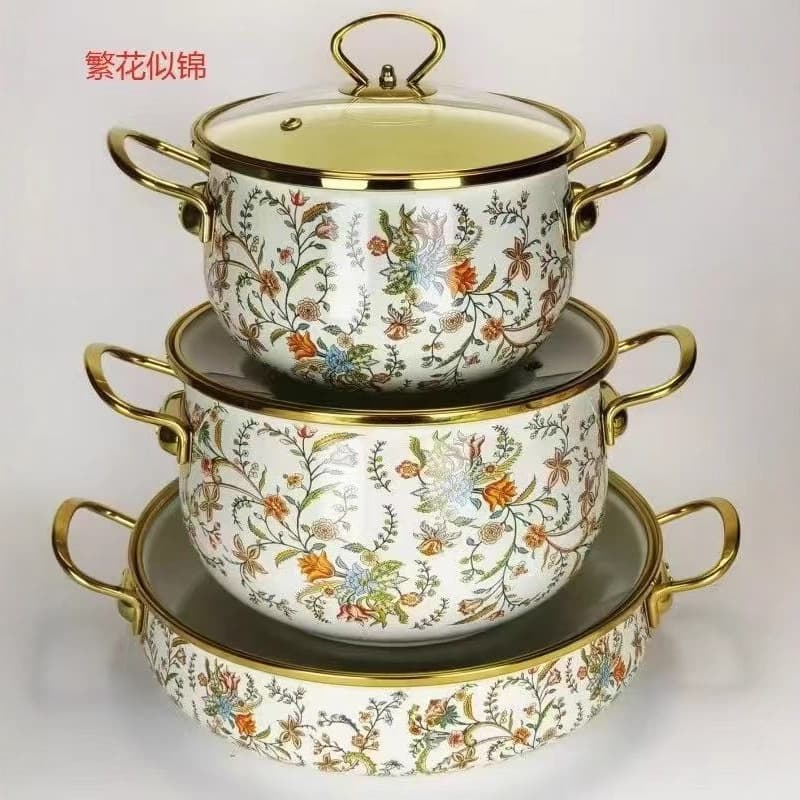 Factory Direct Cross-Border Vintage Enamel Pot 3-Piece Set Seafood Pot Set Soup Pot Stew Pot Fine Soup Pot Enameled Pot
