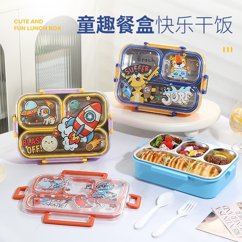 Student 304 Stainless Steel Compartment Lunch Box, Kids Cartoon Bento Box, No Flavor Mixing, Insulated Sealed, Microwave Safe