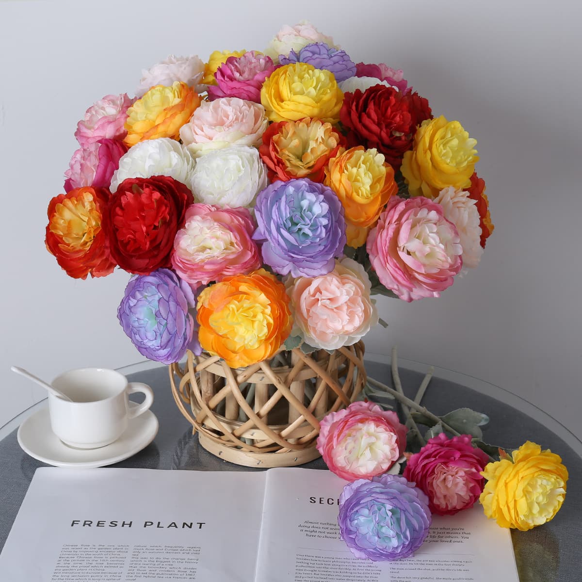 Lulian Artificial 3-Head Flocked Fake Flower Arrangement Bouquet Living Room Decoration Floral Ornament Ranunculus Wholesale